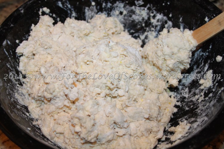 Mix with a wooden spoon by folding the outside into the liquid in the middle until only a few dry crumbs remain.