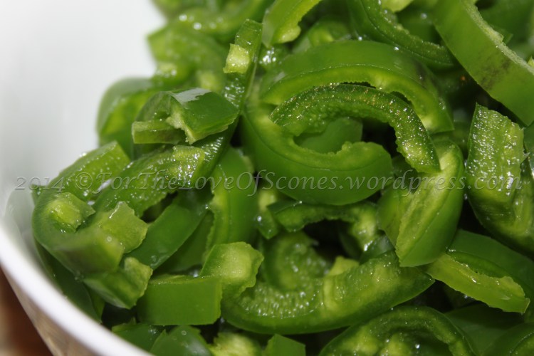 Jalapeños, destemmed/deseeded, and chopped into half moons.