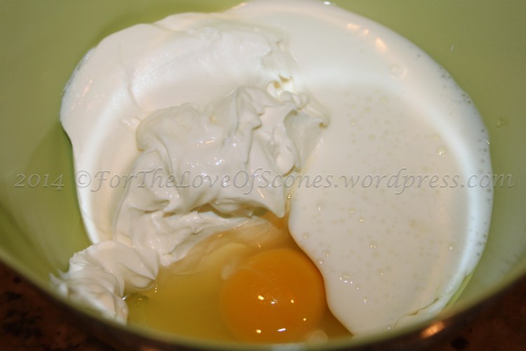 Combine the egg, sour cream, and 1/2-cup of buttermilk. Whisk lightly to mix, just so that there are no huge chunks of sour cream and the mixture homogenous.