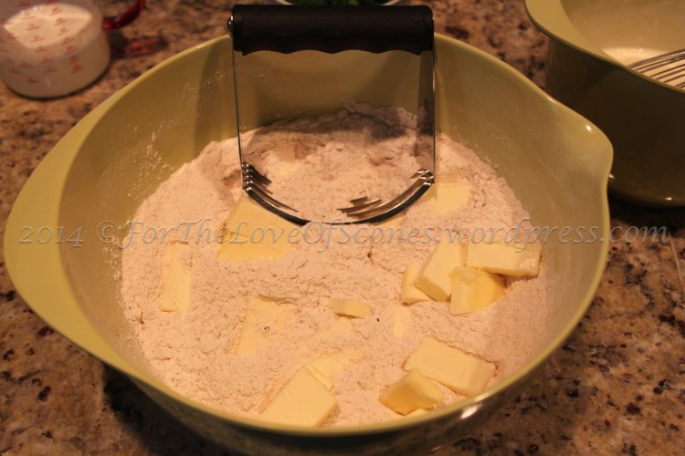 Add the butter to the dry ingredients and blend with a pastry blender.