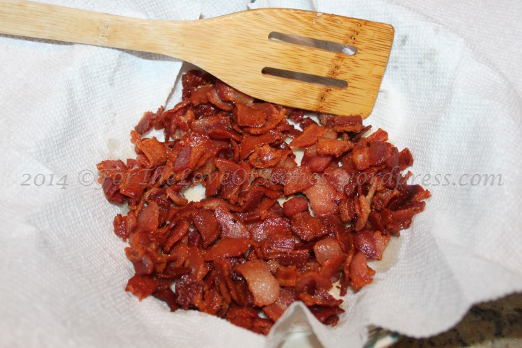 Let the bacon cool after you've cooked it, and lay in a paper-towel lined bowl or on a paper-towel lined plate to catch some of the grease. 