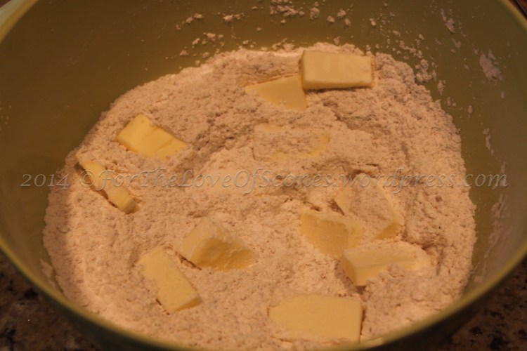 Add the butter and work it into the flour with a pastry blender. Some pea-sized chunks are okay with this recipe.